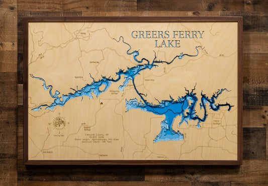A laser-cut, layered wood map of Greers Ferry Lake, Arkansas, showcasing its winding shoreline and surrounding mountain features.