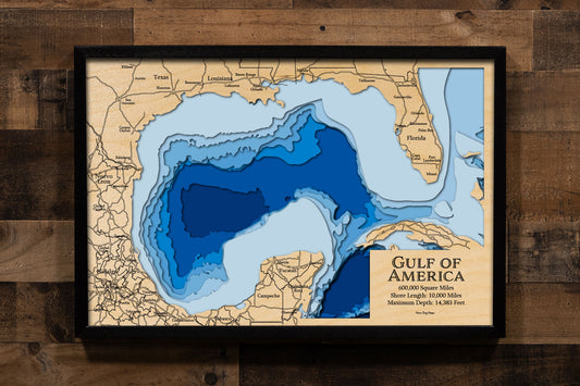 The Gulf of America custom 3D wood map, perfect for home decor and gifts.