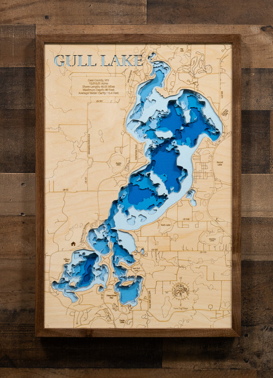 High-definition wooden relief map of Gull Lake in Cass County, Minnesota, handmade for durability.