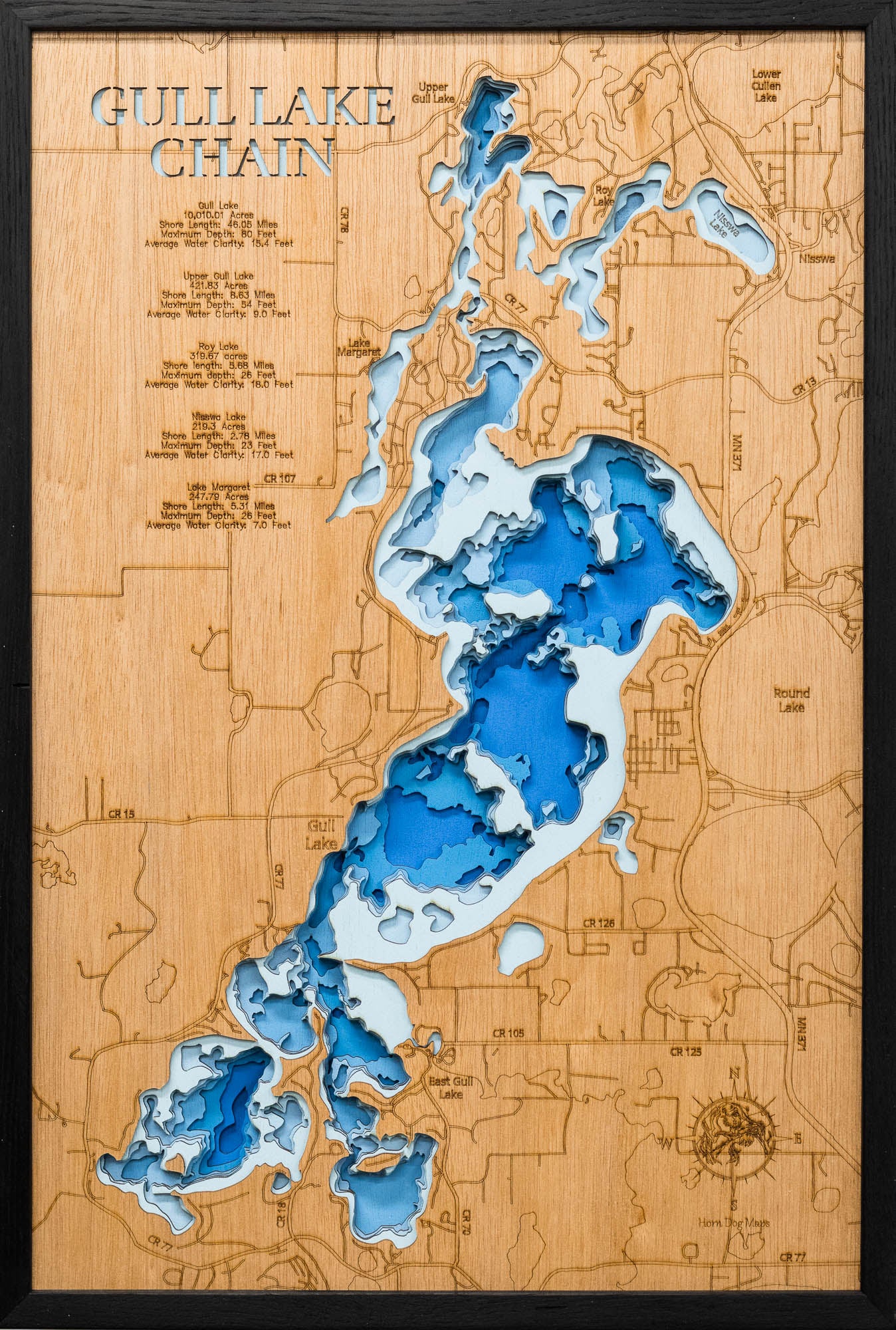 Precision-cut wooden map of Gull Lake Chain in Cass County, MN, perfect for unique decor.