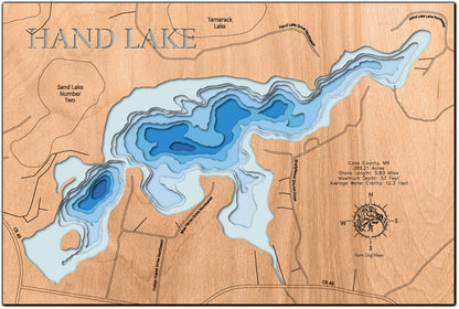 Detailed wooden relief map of Hand Lake in Cass County, MN, showcasing its natural beauty.