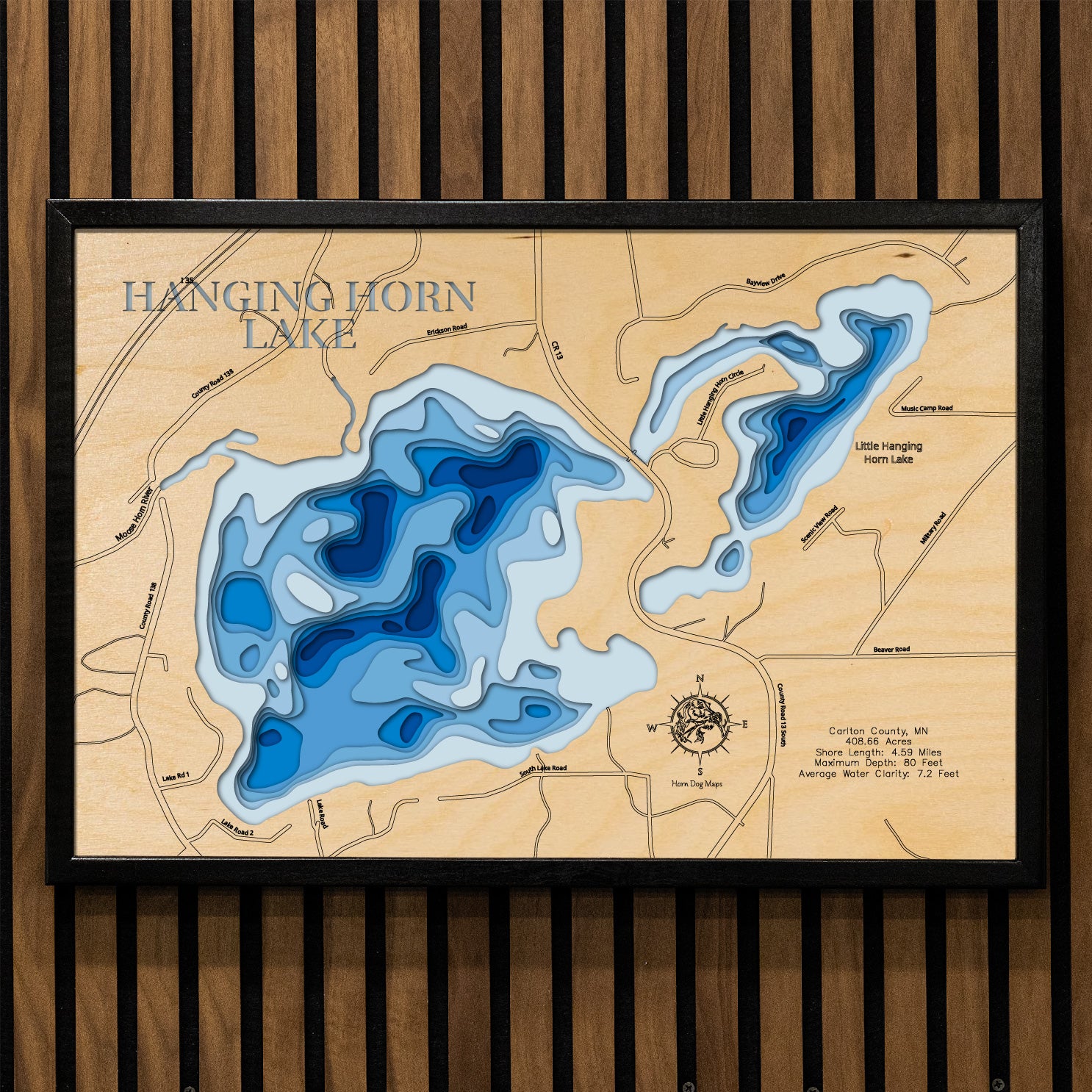 Decorative 3D wooden lake map of Hanging Horn Lakes in Carlton County, MN, crafted with care.