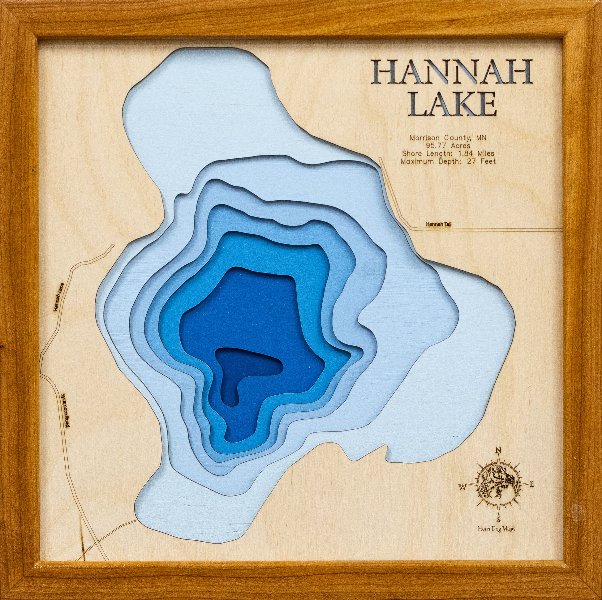 3D wooden lake map of Hannah Lake in Morrison County, MN, showcasing detailed depth layers and contours.