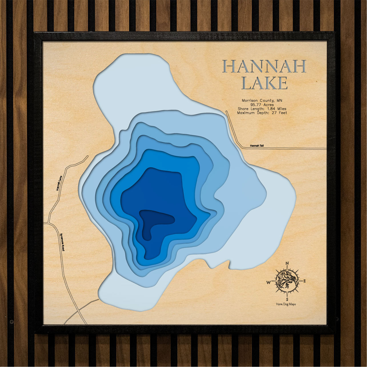 3D wooden lake map of Hannah Lake in Morrison County, MN, showcasing detailed depth layers and contours.