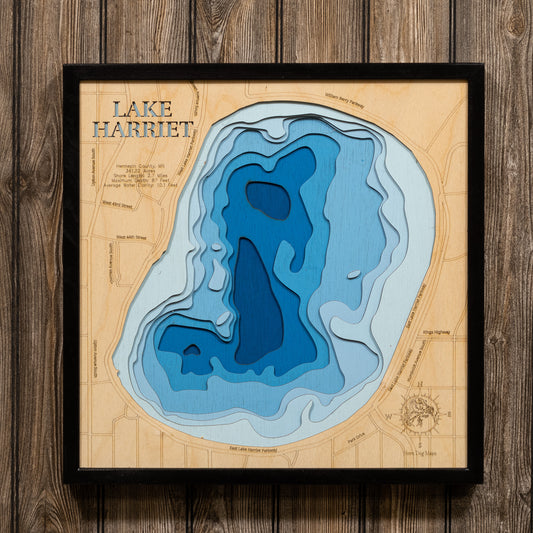 Decorative 3D wooden lake map of Harriet Lake in Hennepin County, MN, crafted with care.