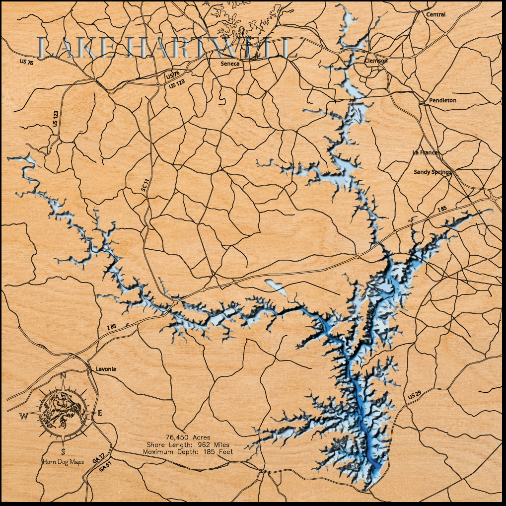 Exquisite wooden map of Lake Hartwell in South Carolina and Georgia with detailed lakebed features.