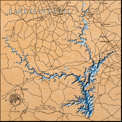 Exquisite wooden map of Lake Hartwell in South Carolina and Georgia with detailed lakebed features.