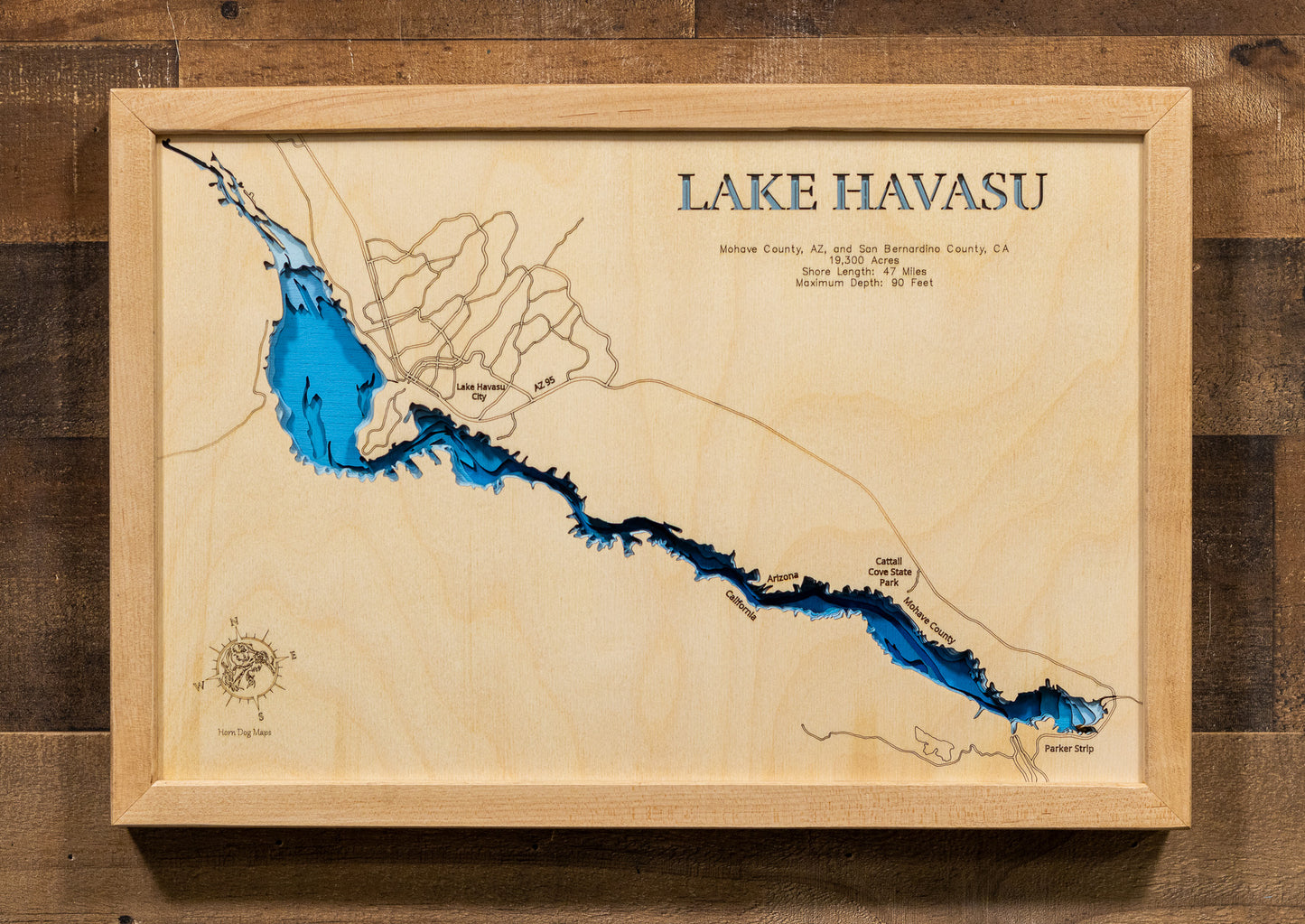 Laser-engraved relief map of Lake Lake Havasu in Arizona and California crafted from wood