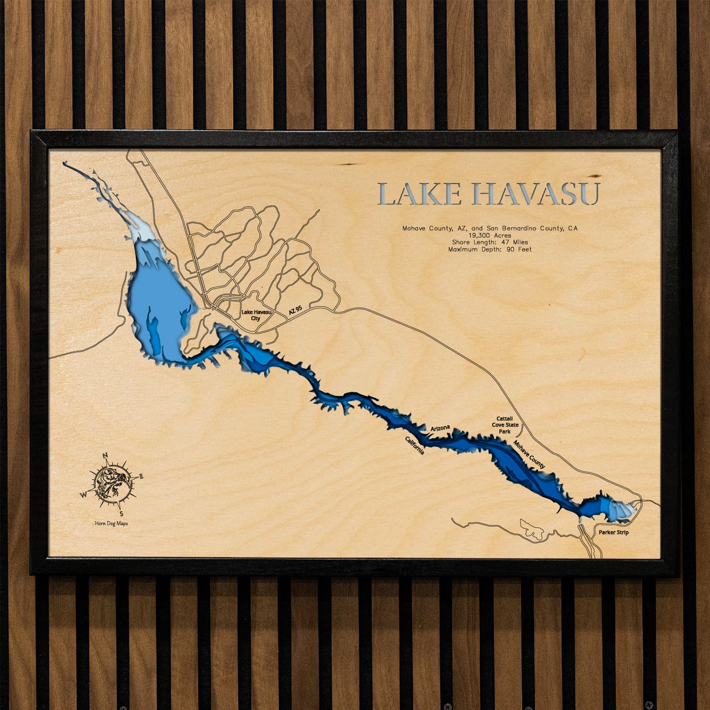 Laser-engraved relief map of Lake Lake Havasu in Arizona and California crafted from wood