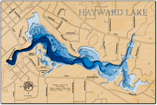 Custom wooden map of Hayward Lake in Sawyer County, WI with layered depth highlights.