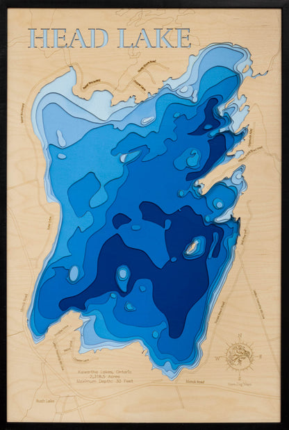 3D wooden lake map of Head Lake in Kawarthas Region, Ontario Canada, showcasing detailed depth layers and contours.