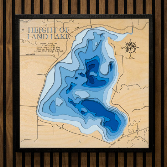 Decorative 3D wooden lake map of Height of Land (Becker)Height of Land Lake in Becker County,  MN, crafted with care.