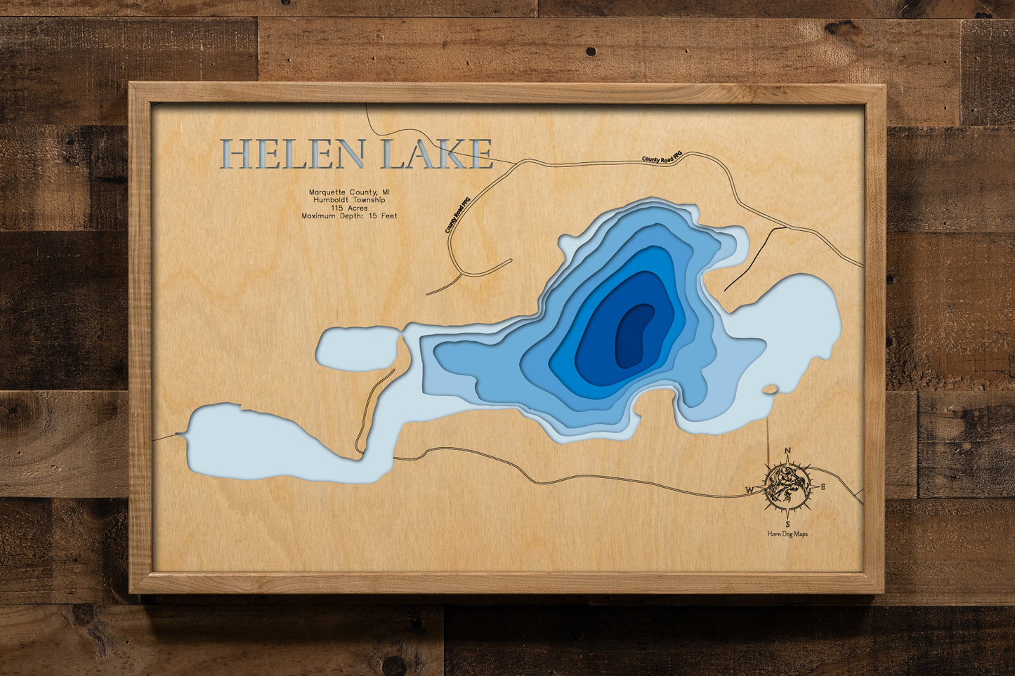 Helen Lake in Marquette County, MI 3D depth map, laser cut from high-quality wood.