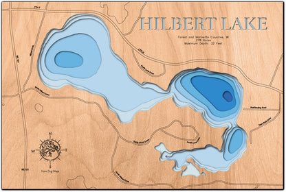 Exquisite wooden map of Hilbert Lake in Forest and Marinette Counties, WI with detailed lakebed features.