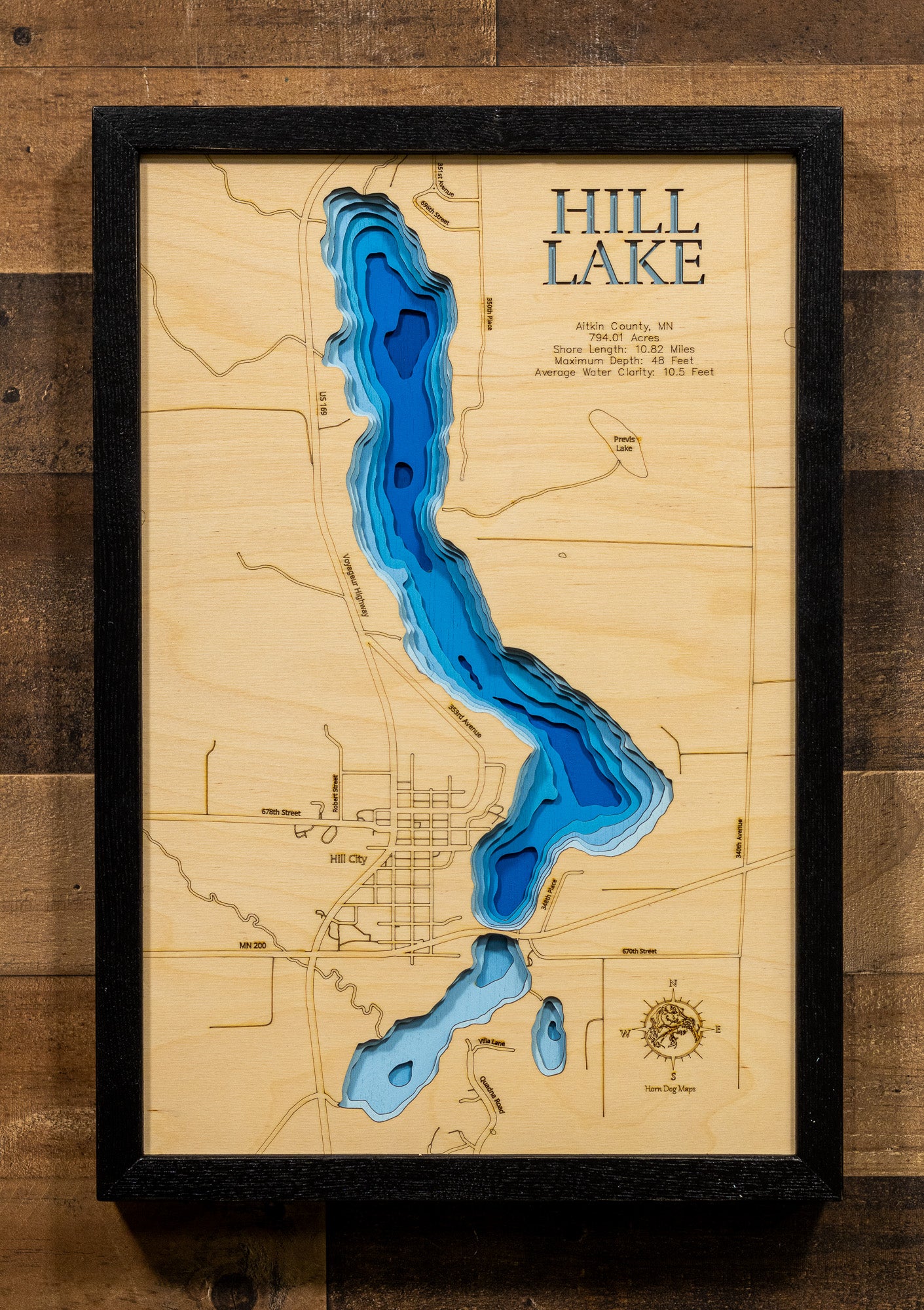 Precision-cut wooden map of Hill Lake in Aitkin County, MN, perfect for unique decor.