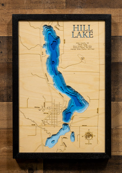 Precision-cut wooden map of Hill Lake in Aitkin County, MN, perfect for unique decor.
