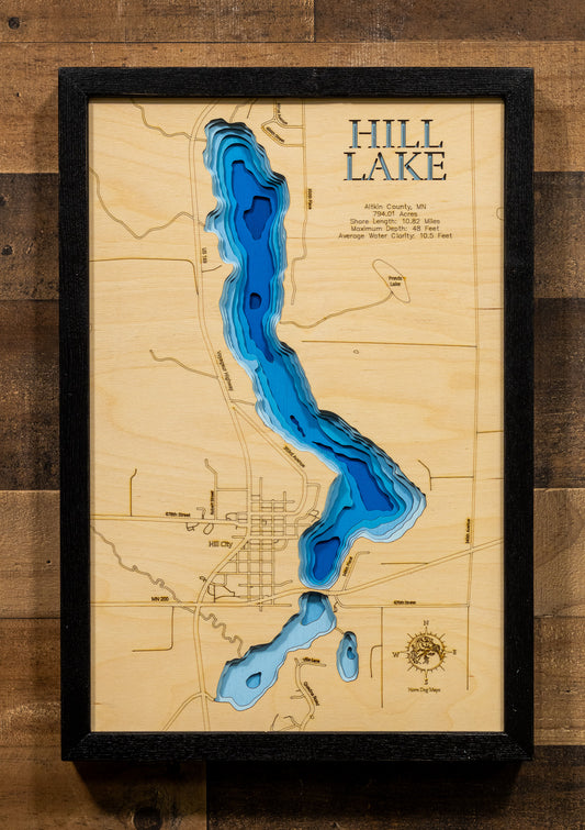 Precision-cut wooden map of Hill Lake in Aitkin County, MN, perfect for unique decor.