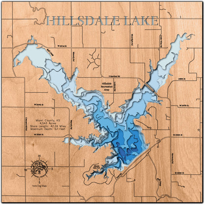 Artisanally carved wooden lake map of Hillsdale Lake in Miami County, KS, highlighting bathymetry.