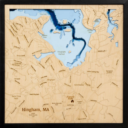 Artisanally carved wooden lake map of Hingham Harbor in Hingham, MA, highlighting bathymetry.