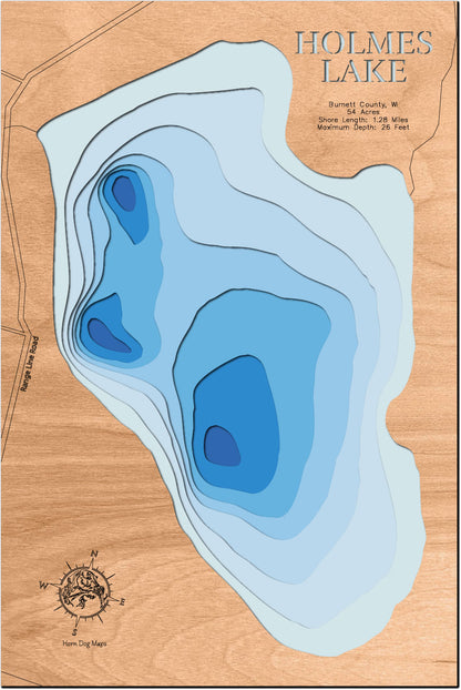 Holmes Lake in Burnett County, WI in stunning 3D wood map design, with detailed topography.