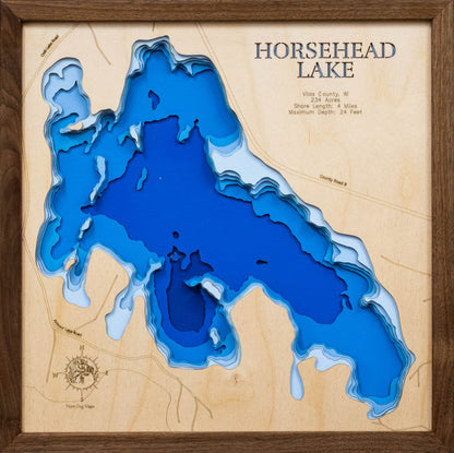 Handcrafted 3D wood map of Horsehead Lake in Vilas County, WI, ideal for lake enthusiasts.