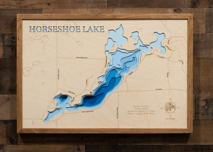 Unique wooden lake map of Horseshoe Lake in Barron County, WI, featuring intricate depth details.