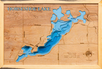 Unique wooden lake map of Horseshoe Lake in Barron County, WI, featuring intricate depth details.