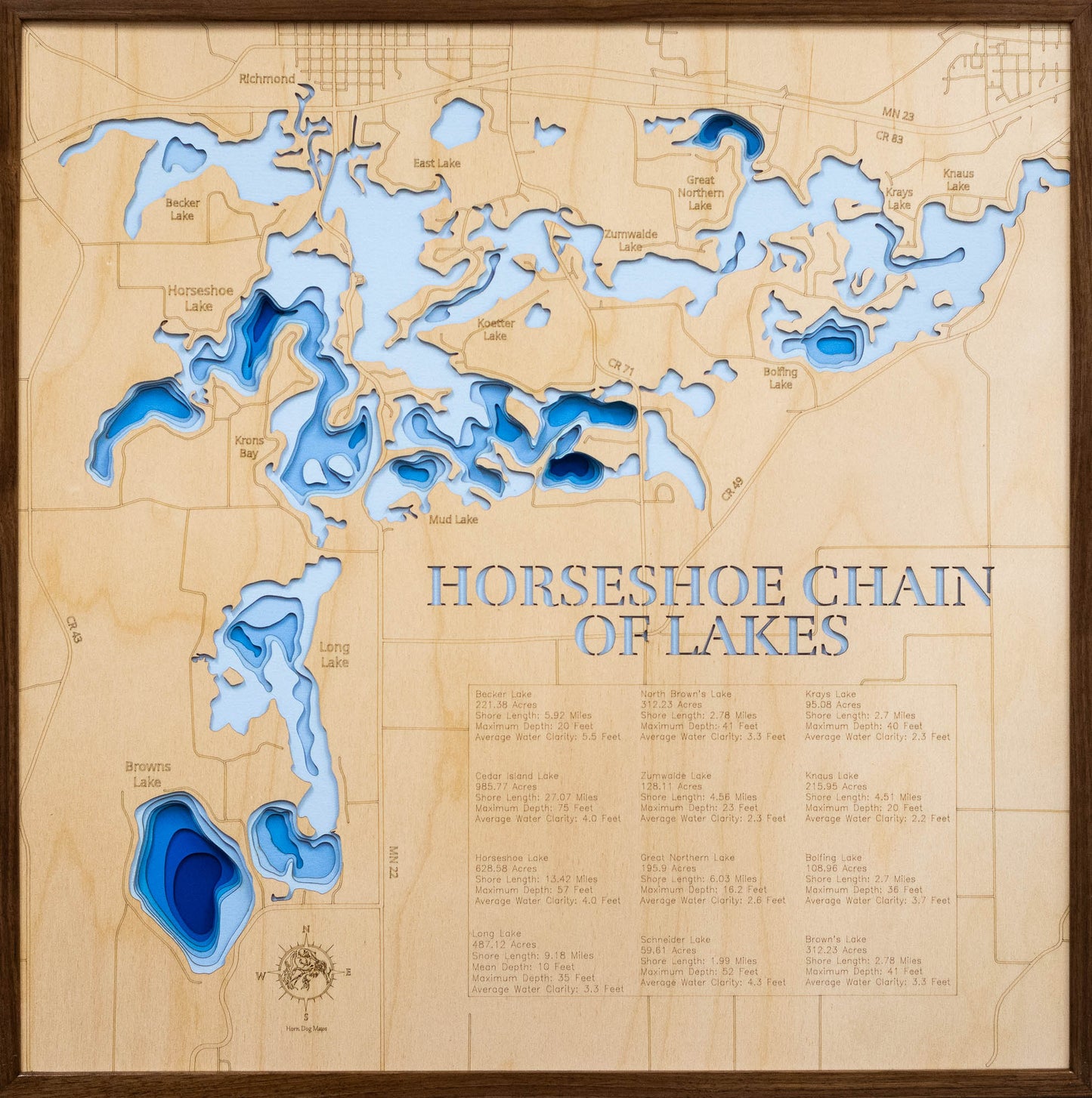 Handcrafted 3D wood map of Horseshoe Chain of Lakes in Stearns County, MN, ideal for lake enthusiasts.