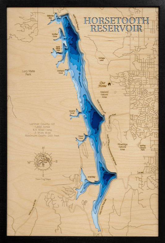 Artisanally carved wooden lake map of Horsetooth Reservoir in Larimer County, CO, highlighting bathymetry.