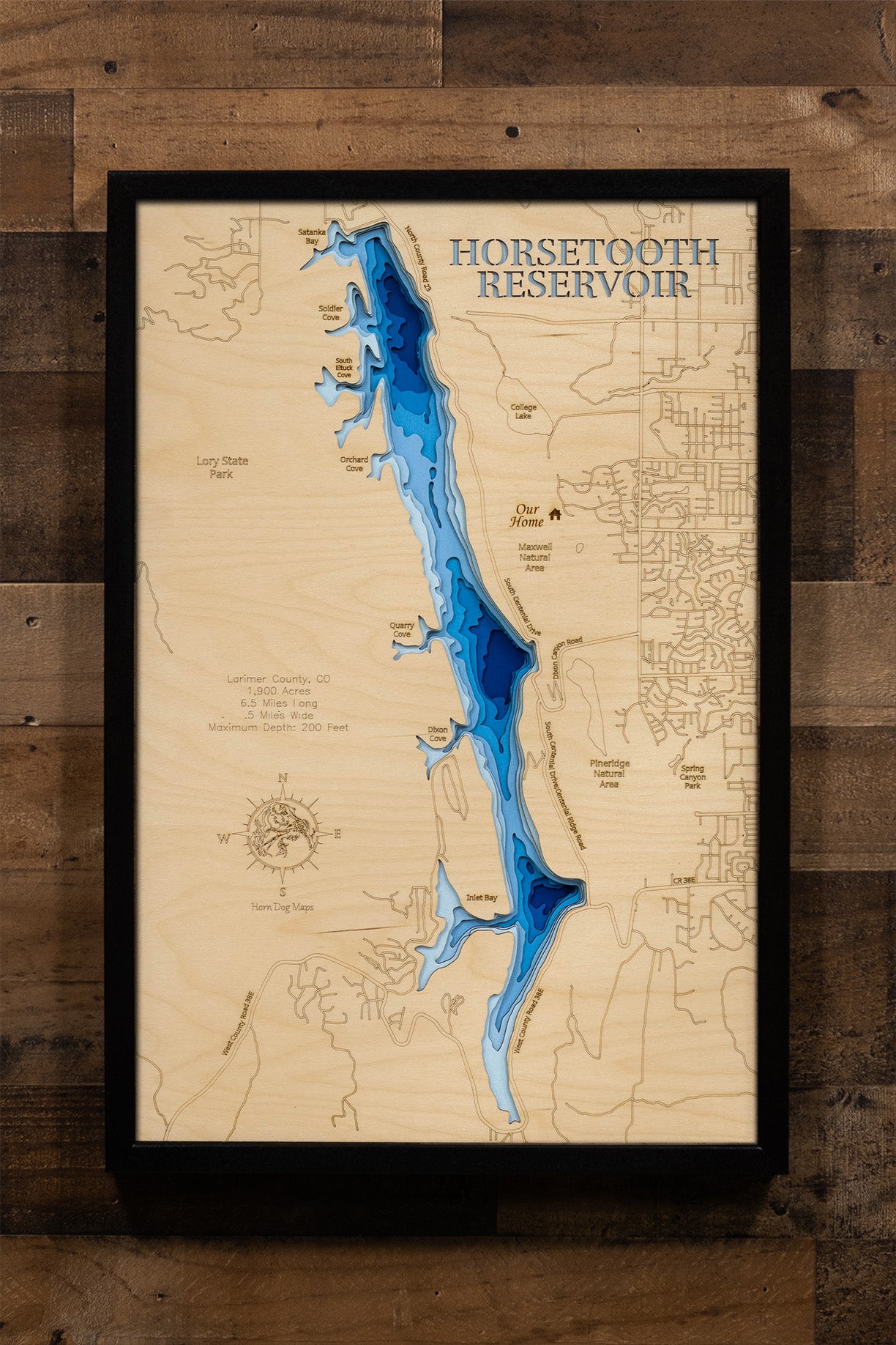 Artisanally carved wooden lake map of Horsetooth Reservoir in Larimer County, CO, highlighting bathymetry.