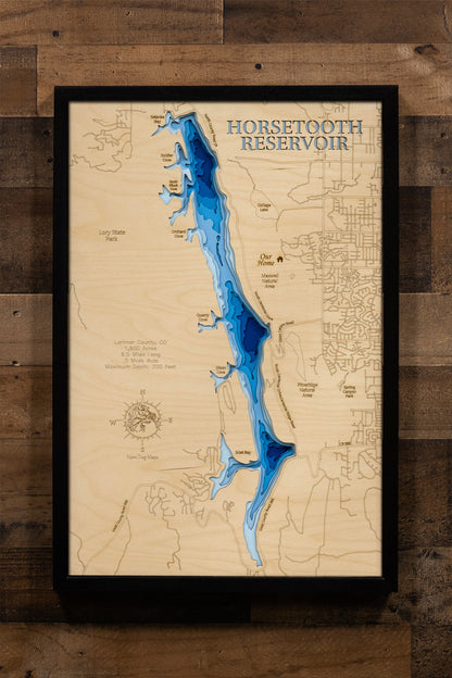 Artisanally carved wooden lake map of Horsetooth Reservoir in Larimer County, CO, highlighting bathymetry.