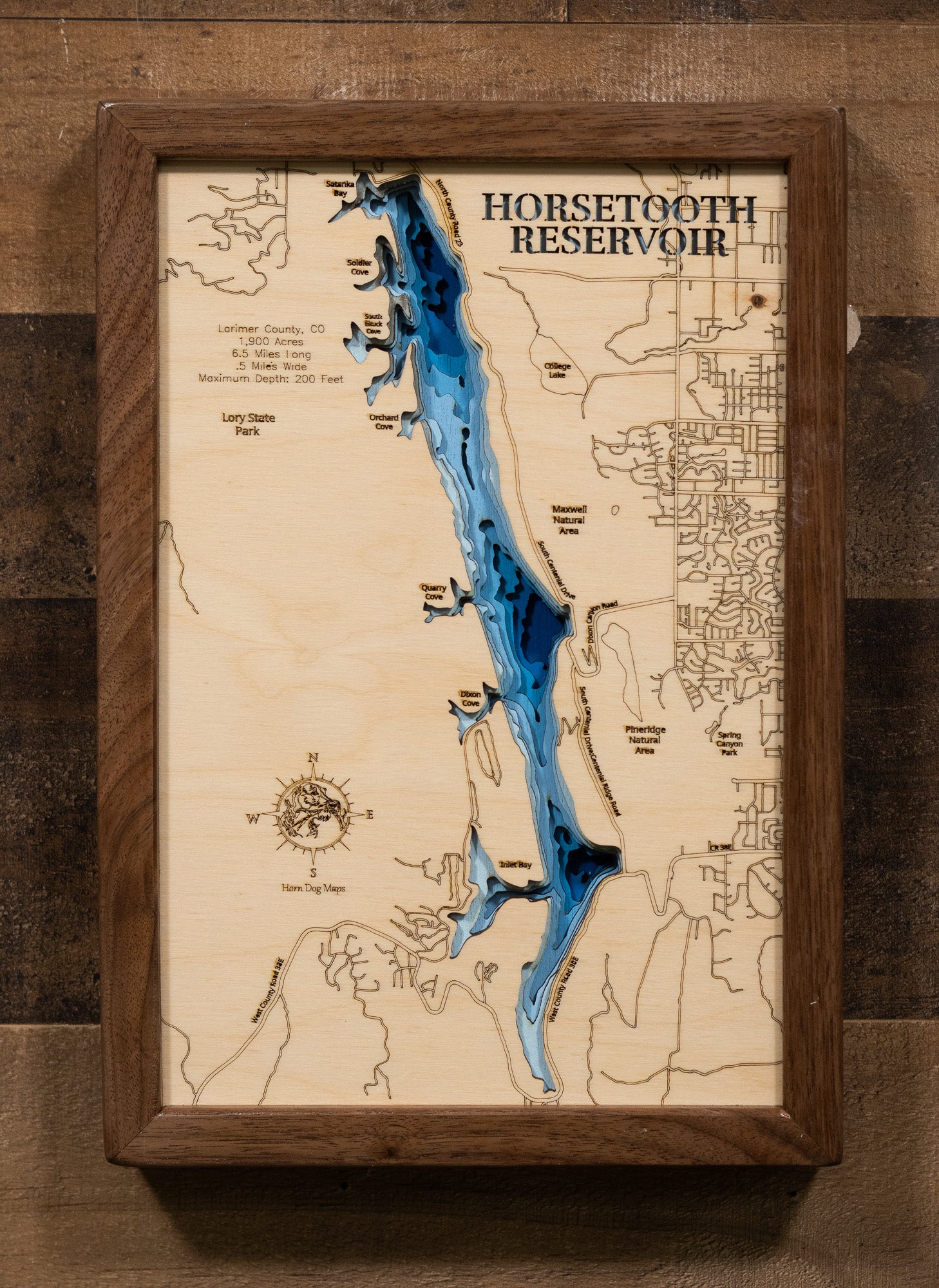 Artisanally carved wooden lake map of Horsetooth Reservoir in Larimer County, CO, highlighting bathymetry.