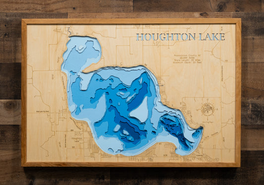 Unique wooden lake map of Houghton Lake in Roscommon County, MI, featuring intricate depth details.