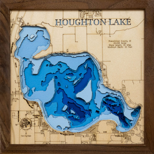 Unique wooden lake map of Houghton Lake in Roscommon County, MI, featuring intricate depth details.