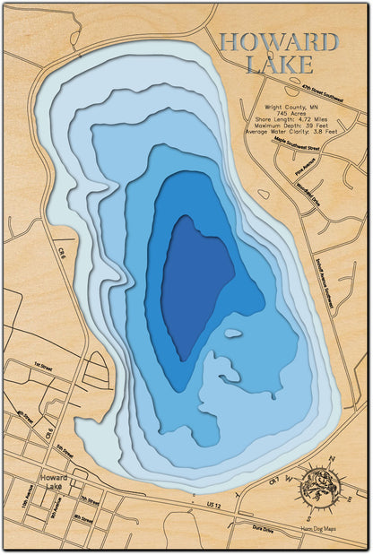 Howard Lake in Wright County, MN engraved wood map, showcasing accurate topographical features.