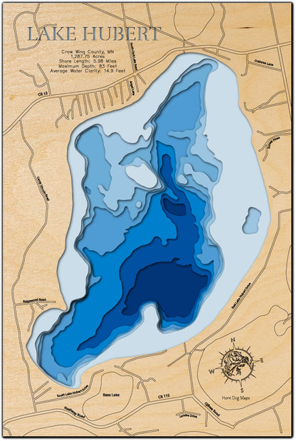 Lake Hubert in Crow Wing County, MN engraved wood map, showcasing accurate topographical features.