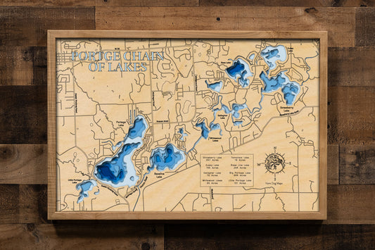 Detailed wooden relief map of Portage Chain of Lakes in Livingston and Washtenaw Counties, MI, showcasing its natural beauty.