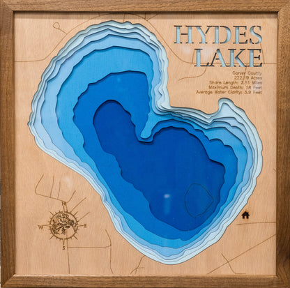 Hydes Lake in Carver County, MN custom 3D wood map, perfect for home decor and gifts.