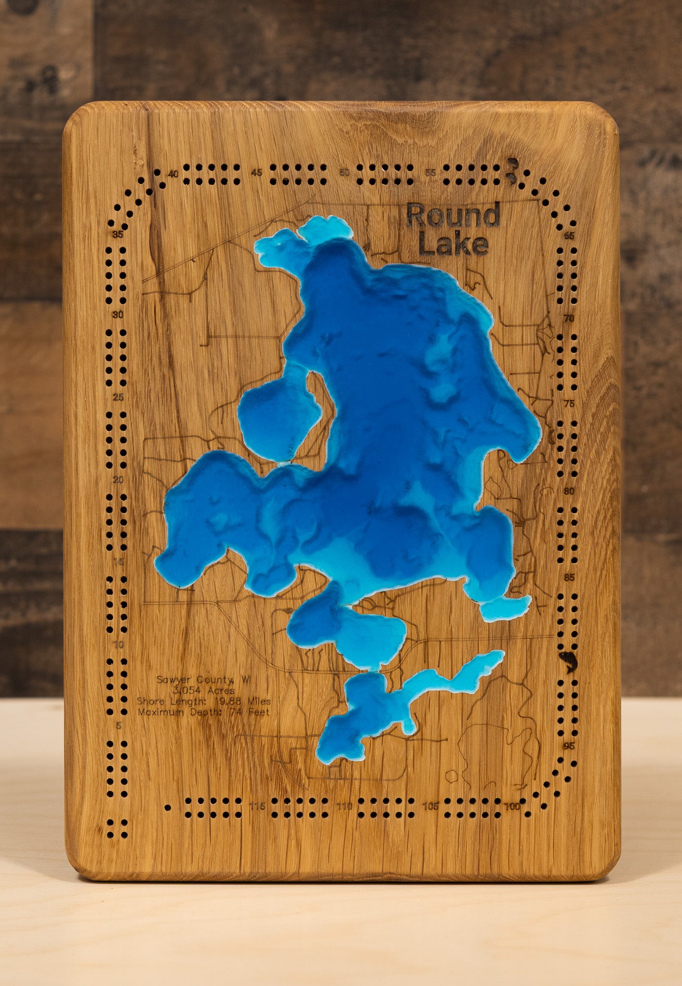 Round and Little Round Lakes in Sawyer County, WI in stunning 3D wood map design, with detailed topography.