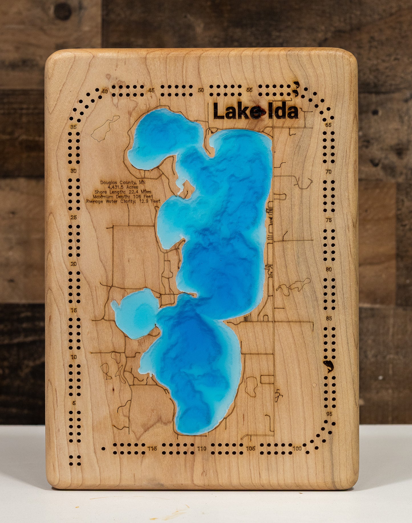 Exquisite cribbage board of Lake Ida in Douglas County, Minnesota  with detailed lakebed features.