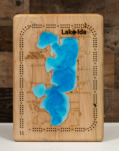 Exquisite cribbage board of Lake Ida in Douglas County, Minnesota  with detailed lakebed features.