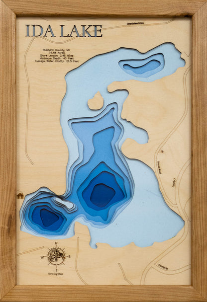 Ida Lake in Hubbard County, MN custom 3D wood map, perfect for home decor and gifts.