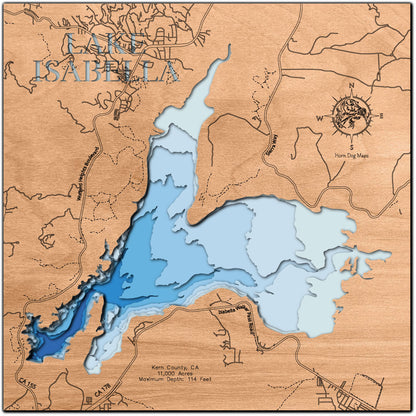 Laser-engraved relief map of Lake Isabella in Kern County, CA, crafted from wood with high precision.