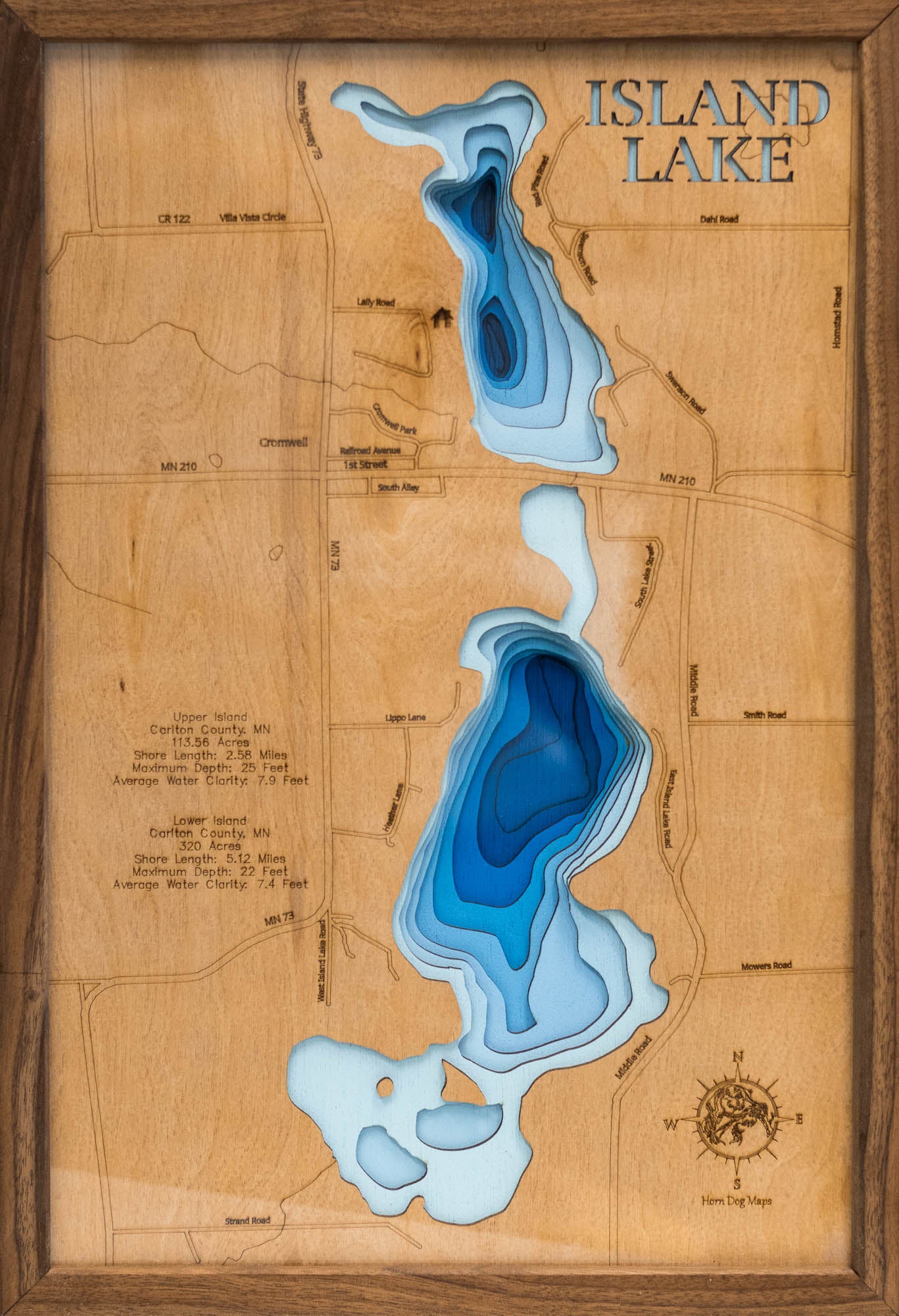 Precision-cut wooden map of Island Lake in Carlton County, MN, Near Cromwell, perfect for unique decor.