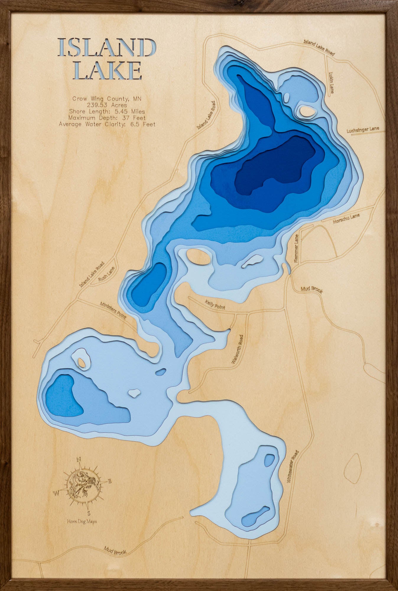 Artisanally carved wooden lake map of Island Lake in Crow Wing County, MN, highlighting bathymetry.