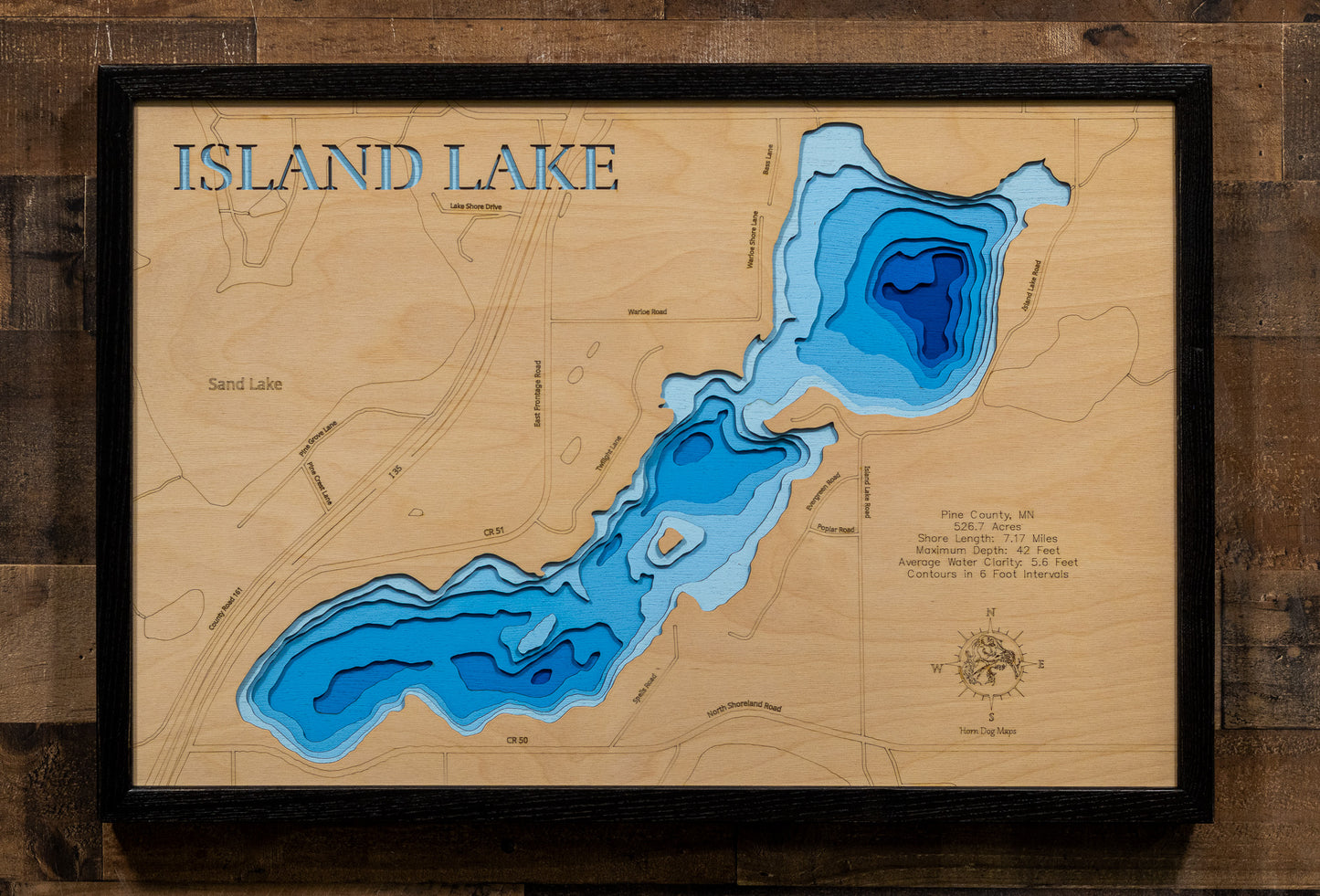 Artisanally carved wooden lake map of Island Lake in Pine County, MN, highlighting bathymetry.