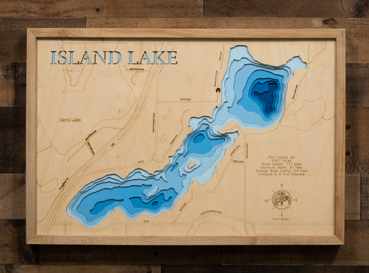 Artisanally carved wooden lake map of Island Lake in Pine County, MN, highlighting bathymetry.