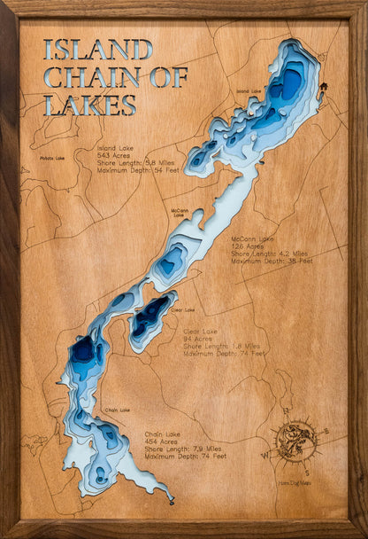 High-definition wooden relief map of Island Chain of Lakes in Chippewa and Rusk Counties, WI, handmade for durability.