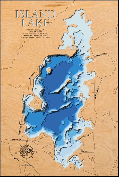 Exquisite wooden map of Island Lake in Becker County, MN with detailed lakebed features.