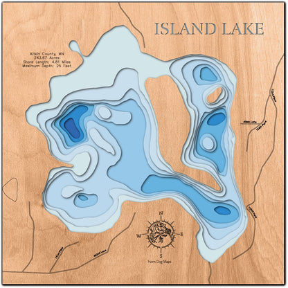 Laser-engraved relief map of Island Lake in Aitkin County, MN, crafted from wood with high precision.